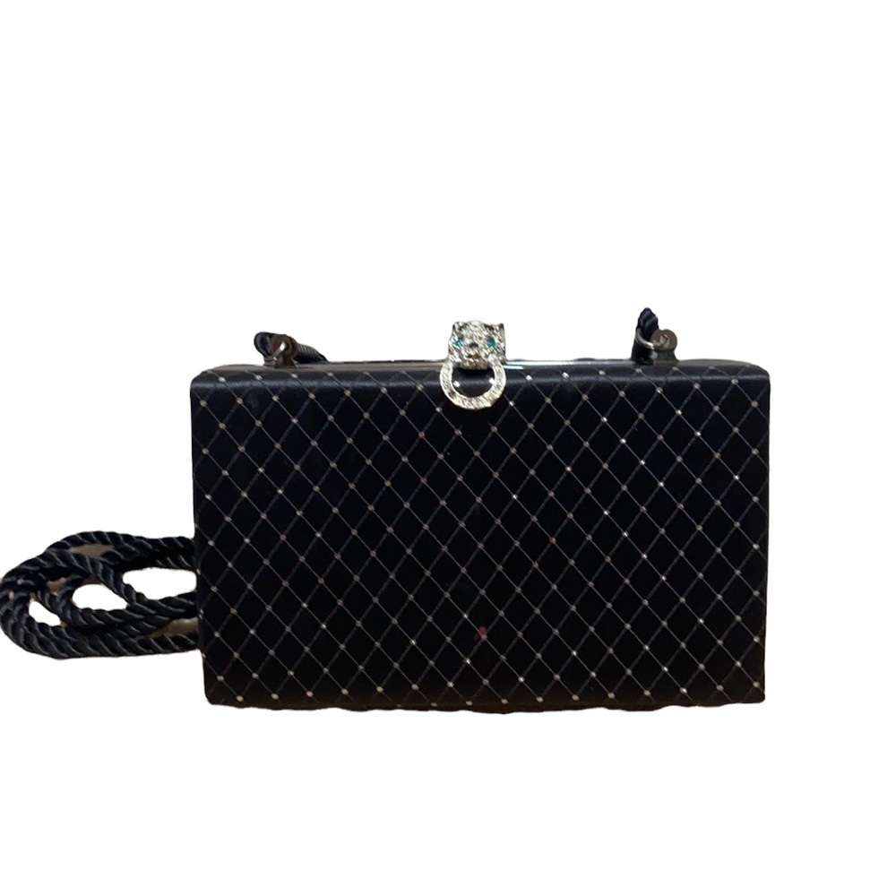 Kenneth Jay Lane ladies satin leopard kiss clutch purse